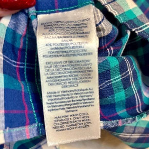 Chaps Button-Down Shirt Large Blue Teal Green White Plaid Easy Care Short Speve - Picture 6 of 9